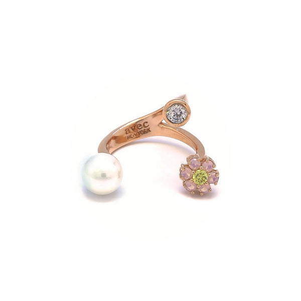 EVELYN 3 FLOWER PEARL STONE OPEN RING
