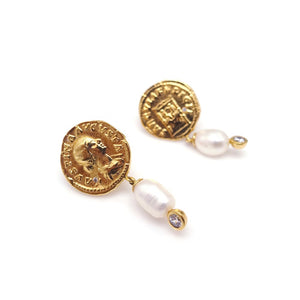ANCIENT ROMAN COIN PEARL EARRING